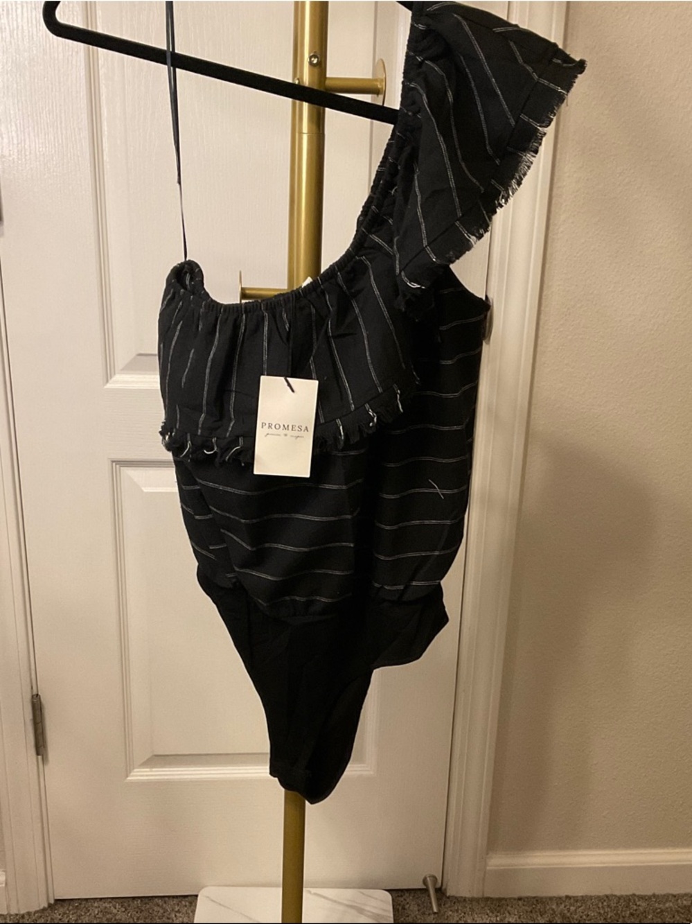 Promesa Black One-Shoulder Ruffle Bodysuit with White Pinstripes